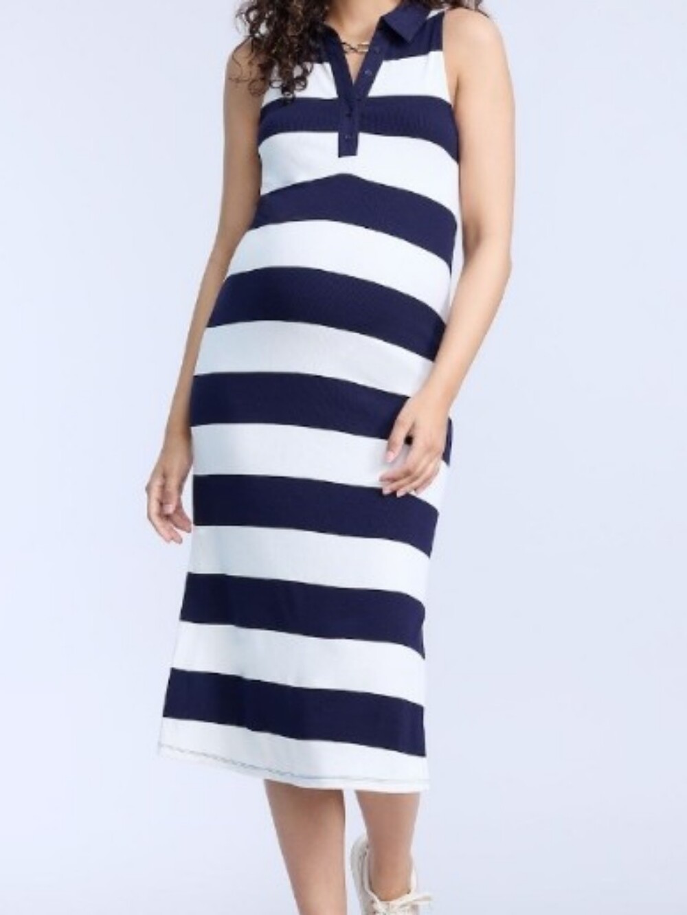 Kohl's Maternity Navy Blue White Striped Sleeveless Midi Dress Size M NWT
